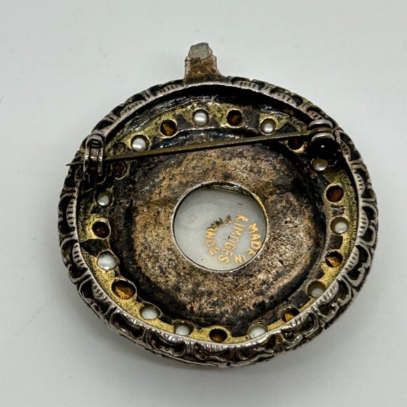 Vintage Limoges Porcelain Cameo Brooch Faux Pearls Rhinestones Hand Painted READ - Picture 5 of 16